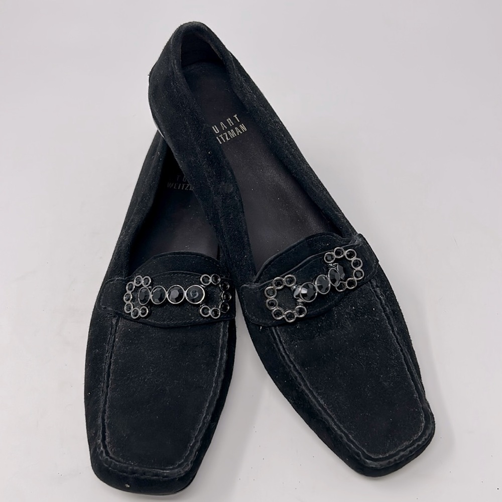 Stuart Weitzman Black Suede Jeweled Driving Loafer Size 7.5 Narrow